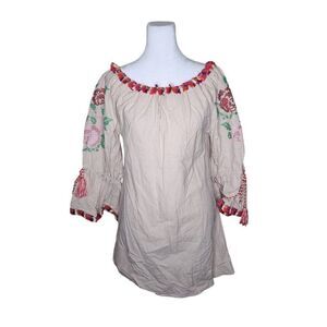 Velzera Boho Fringe Floral Embroidery Tunic Top Womens S Beige